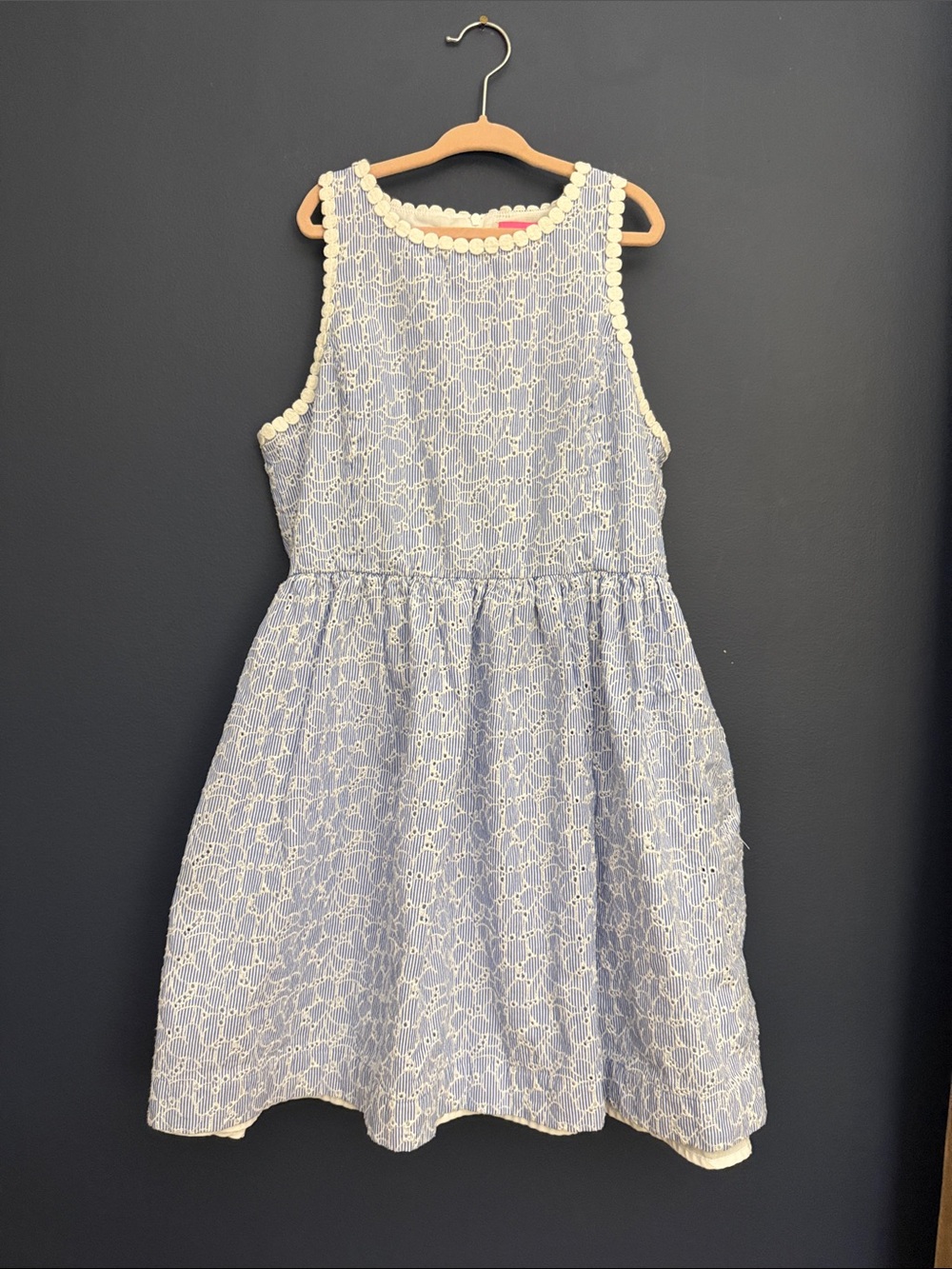 Lilly Pulitzer Girls 14 Blue White Eyelet Embroidered Fit Flare Dress
